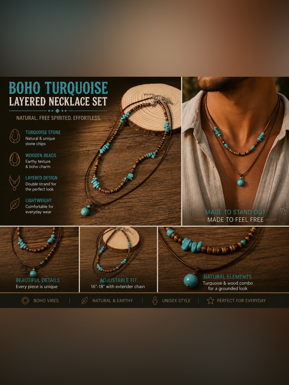 Coconut Shell & Turquoise Layered Wax Thread Necklace Set - Turquoise & Brown